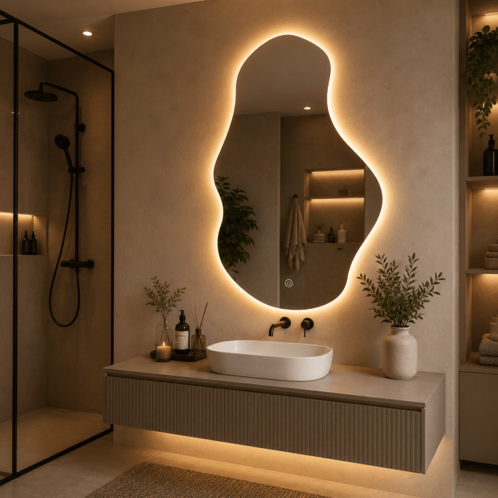 Oglindă LED Asimetrica Premium 65×100 cm, Touch, 3 Tipuri Lumină - Calda, Rece, Naturala - imagine 2