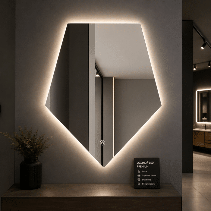 Oglindă LED Diamant Premium 80×90 cm, Touch, 3 Tipuri Lumină - Calda, Rece, Naturala, Dimabile - imagine 2
