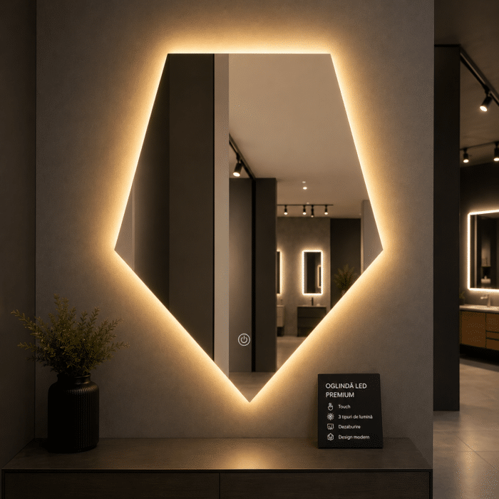 Oglindă LED Diamant Premium 80×90 cm, Touch, 3 Tipuri Lumină - Calda, Rece, Naturala, Dimabile - imagine 5