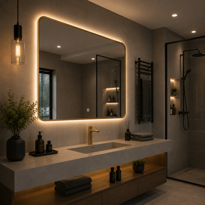 Oglindă LED Patrata Premium 80×80 cm, Rama Auriu, 3 Tipuri de Lumină - Calda, Rece, Neutra - imagine 2