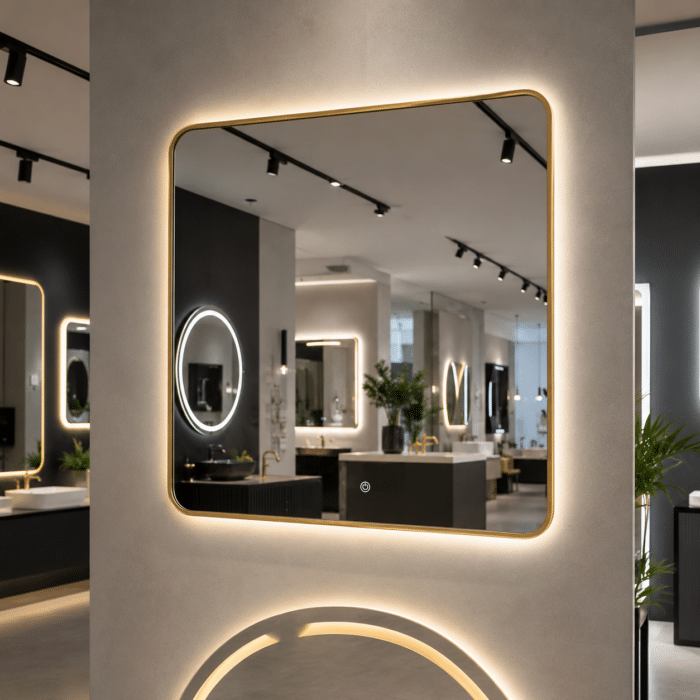 Oglindă LED Patrata Premium 80×80 cm, Rama Auriu, 3 Tipuri de Lumină - Calda, Rece, Neutra - imagine 3