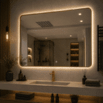 Oglindă LED Patrata Premium 80×80 cm, Rama Auriu, 3 Tipuri de Lumină - Calda, Rece, Neutra
