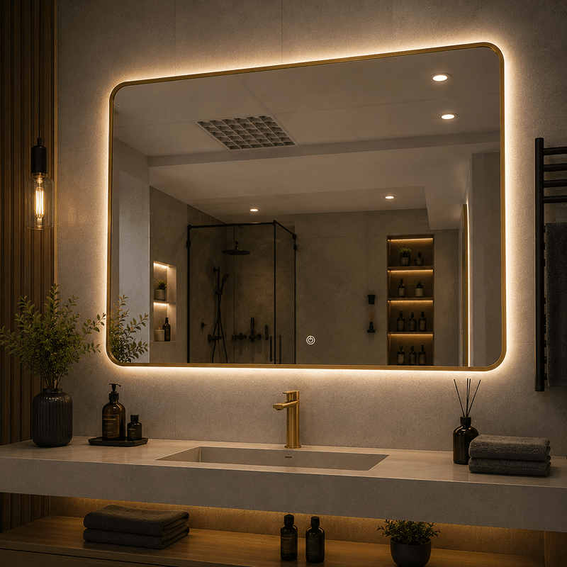 Oglindă LED Patrata Premium 80×80 cm, Rama Auriu, 3 Tipuri de Lumină - Calda, Rece, Neutra Oglindă LED Patrata Premium 80×80 cm, Rama Auriu, 3 Tipuri de Lumină - Calda, Rece, Neutra - imagine 1