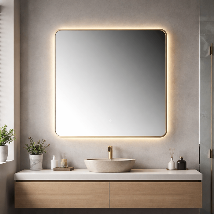 Oglindă LED Patrata Premium 80×80 cm, Rama Auriu, 3 Tipuri de Lumină - Calda, Rece, Neutra