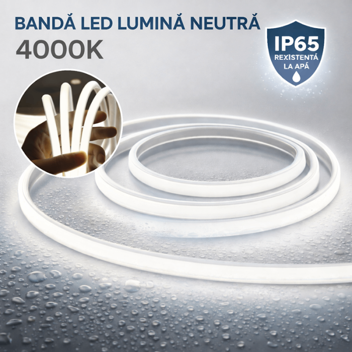 Bandă LED Lumina Neutra FCOB 230V 10W:m IP65, 4000K – Lumină Continuă, Vânzare la Metru