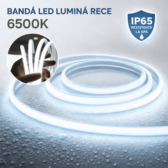 Bandă LED Lumina Rece FCOB 230V 10W:m IP65, 6500K– Lumină Continuă, Vânzare la Metru