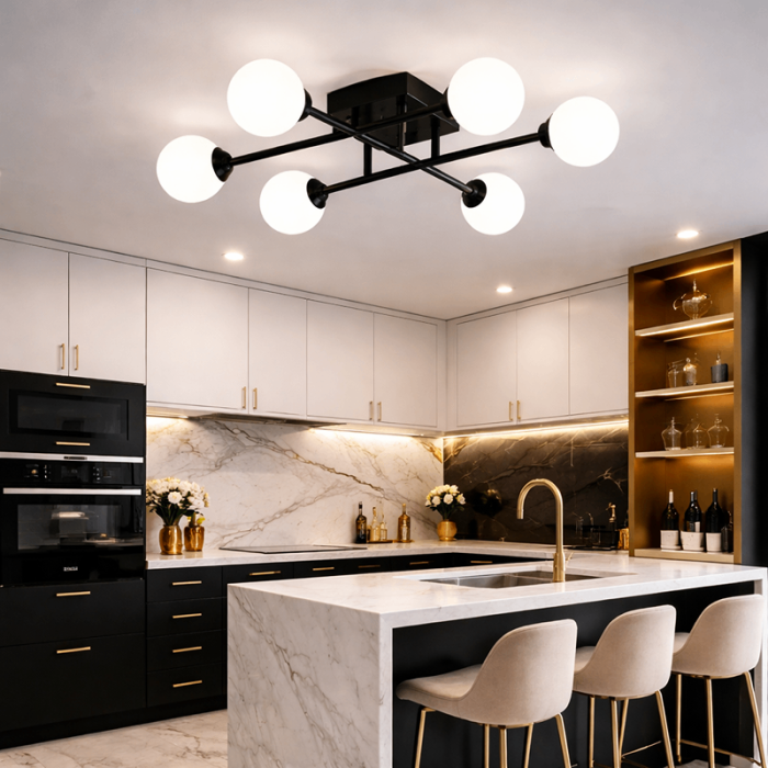 Lustră Clasic Black 6 becuri E27 cu Abajur Alb Mat – Design Nordic Modern