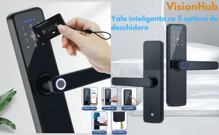 Încuietoare Smart pentru Ușă Cyber Neagră cu Amprentă, PIN, Card, Aplicație Tuya și Cheie - imagine 3