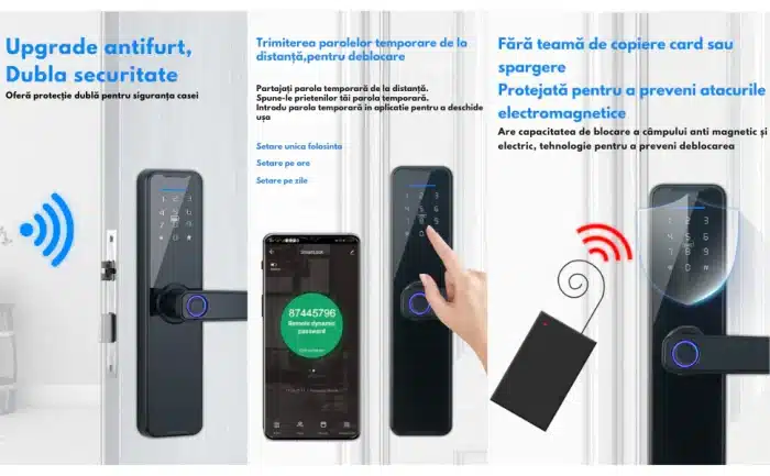 Încuietoare Smart pentru Ușă Cyber Neagră cu Amprentă, PIN, Card, Aplicație Tuya și Cheie - imagine 4