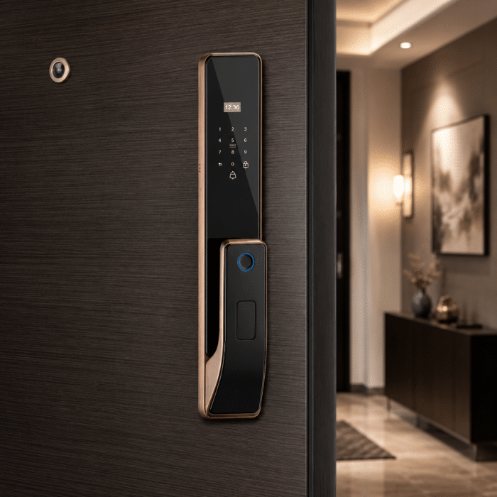 Încuietoare Smart pentru Ușă VELLA Negru-Auriu cu Amprentă, PIN, Card și Cheie - imagine 4