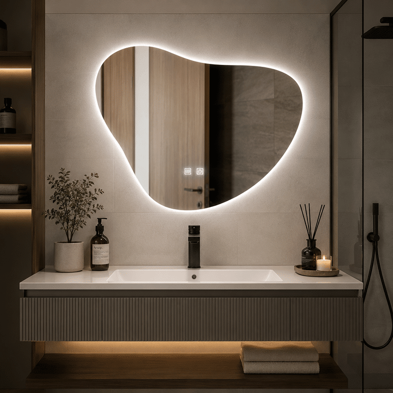 Oglindă LED Touch Asimetrica cu Sistem Dezaburire, 87×70 cm, Lumina Rece 6000K (1) Oglindă LED Touch Asimetrica cu Sistem Dezaburire, 87×70 cm, Lumina Rece 6000K - imagine 1
