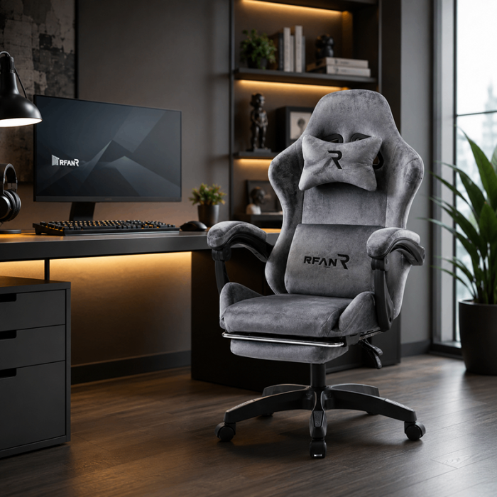 Scaun Gaming Birou WF-607 Reglabil, Gri, Suport Lombar și Suport Picioare