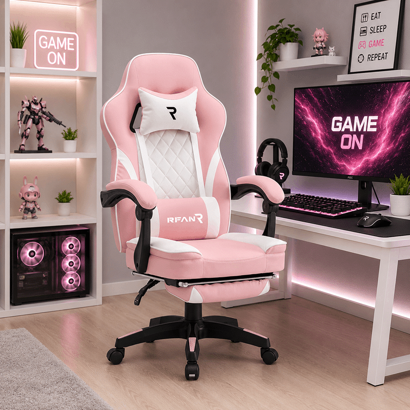 Scaun Gaming WF-6028 Roz, Reglabil, Suport Lombar și Cervical (1) Scaun Gaming WF-6028 Roz, Reglabil, Suport Lombar și Cervical - imagine 1