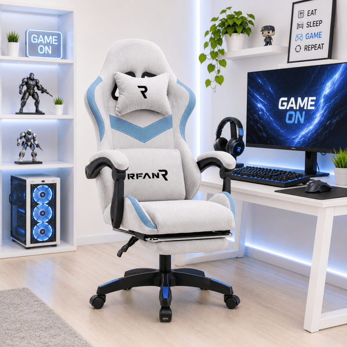 Scaun Gaming WF-606 Gri-Albastru, Reglabil, Suport Lombar și Cervical - imagine 6