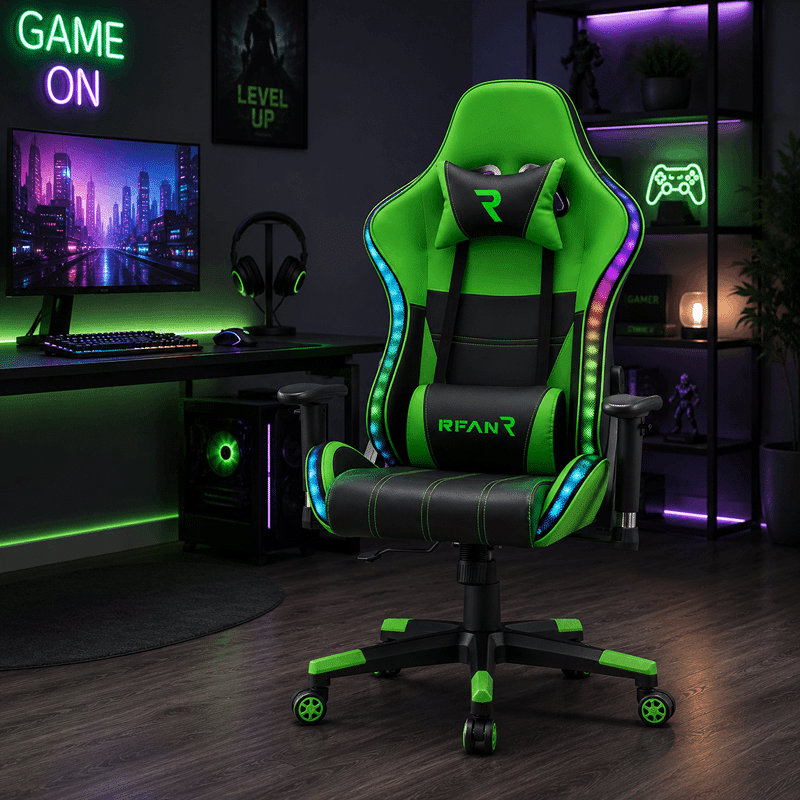 Scaun de Gaming PREMIUM Immersion Chairs Green BOC-778 – Ergonomic și Recliner, Verde, Negru, Lumini RGB si Boxa Muzixa, Conectare Bluethooth (1) Scaun de Gaming PREMIUM Immersion Chairs Green BOC-778 – Ergonomic și Recliner, Verde, Negru, Lumini RGB si Boxa Muzixa, Conectare Bluethooth - imagine 1