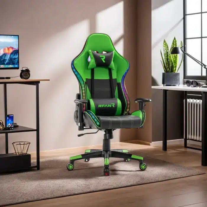 Scaun de Gaming PREMIUM Immersion Chairs Green BOC-778 – Ergonomic și Recliner, Verde, Negru, Lumini RGB si Boxa Muzixa, Conectare Bluethooth - imagine 6