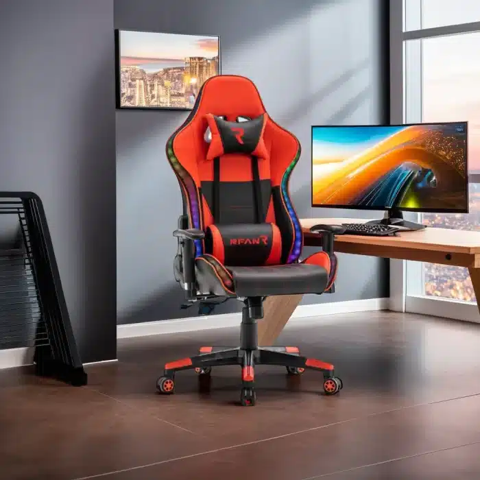 Scaun de Gaming PREMIUM Immersion Chairs Red BOC-778 – Ergonomic și Recliner, Rosu, Negru, Lumini RGB si Boxa Muzixa, Conectare Bluethooth - imagine 7