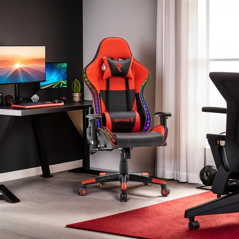 Scaun de Gaming, PREMIUM, Immersion Chairs, Red BOC-778 (1) Scaun de Gaming PREMIUM Immersion Chairs Red BOC-778 – Ergonomic și Recliner, Rosu, Negru, Lumini RGB si Boxa Muzixa, Conectare Bluethooth - imagine 1
