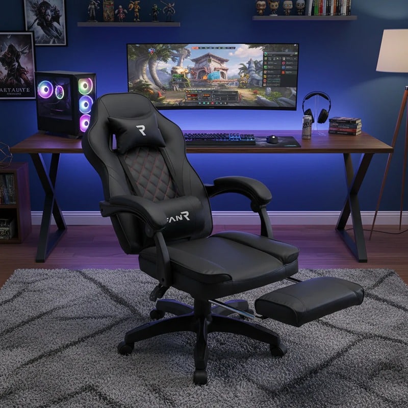 Scaun de Gaming Reglabil Professional WF-6028 Black cu Suport Picioare și Recliner, Negru (1) Scaun de Gaming Reglabil Professional WF-6028 Black cu Suport Picioare și Recliner, Negru - imagine 1