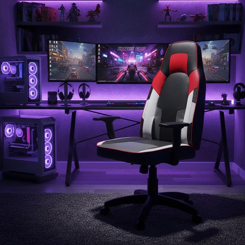 Scaun de Gaming Reglabil Professional WF-6049 Black & White & Red (1) Scaun de Gaming Reglabil Professional WF-6049 Black White Red – Recliner și Ergonomic - imagine 1