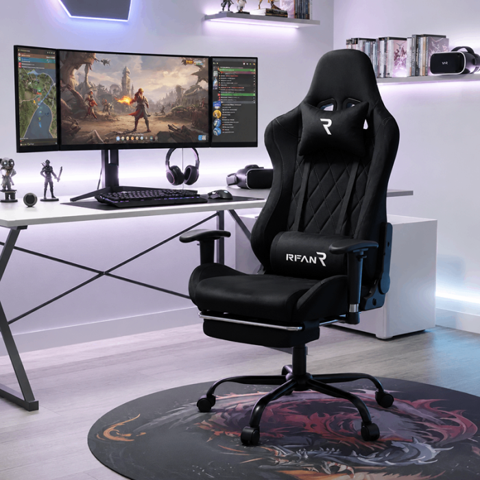 Scaun de Gaming Reglabil Professional WF-613 Black din Catifea cu Suport Picioare, Negru (1)