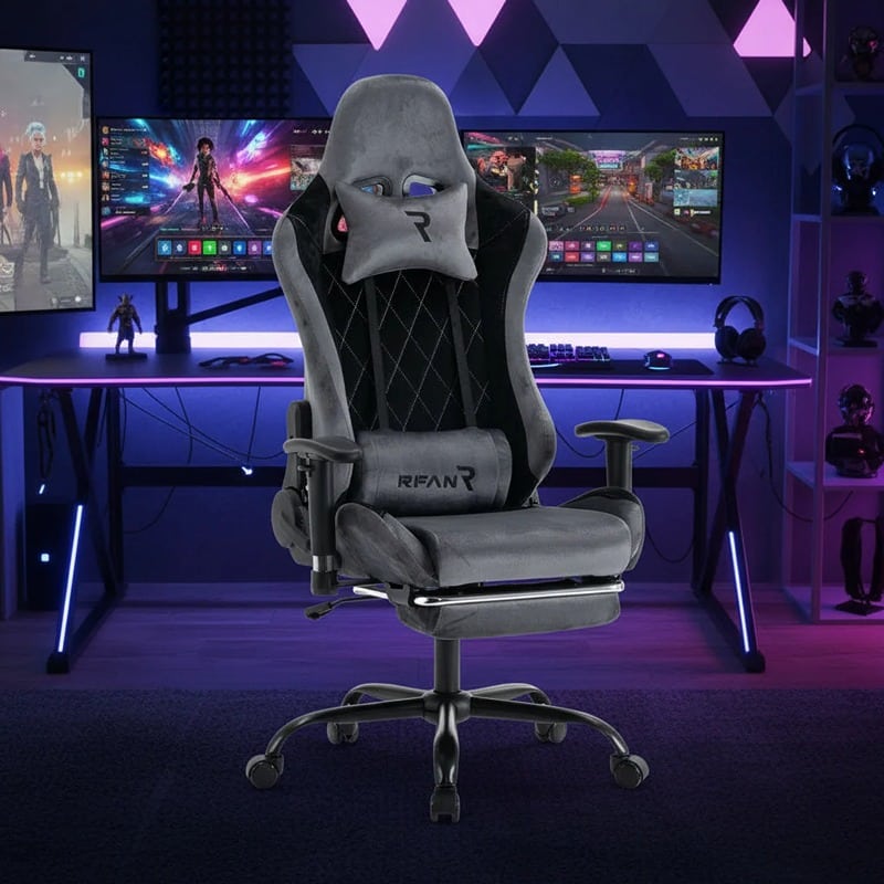 Scaun de Gaming Reglabil Professional WF-613 Grey din Piele Întoarsă cu Suport Picioare, Gri (1) Scaun de Gaming Reglabil Professional WF-613 Grey din Piele Întoarsă cu Suport Picioare, Gri - imagine 1