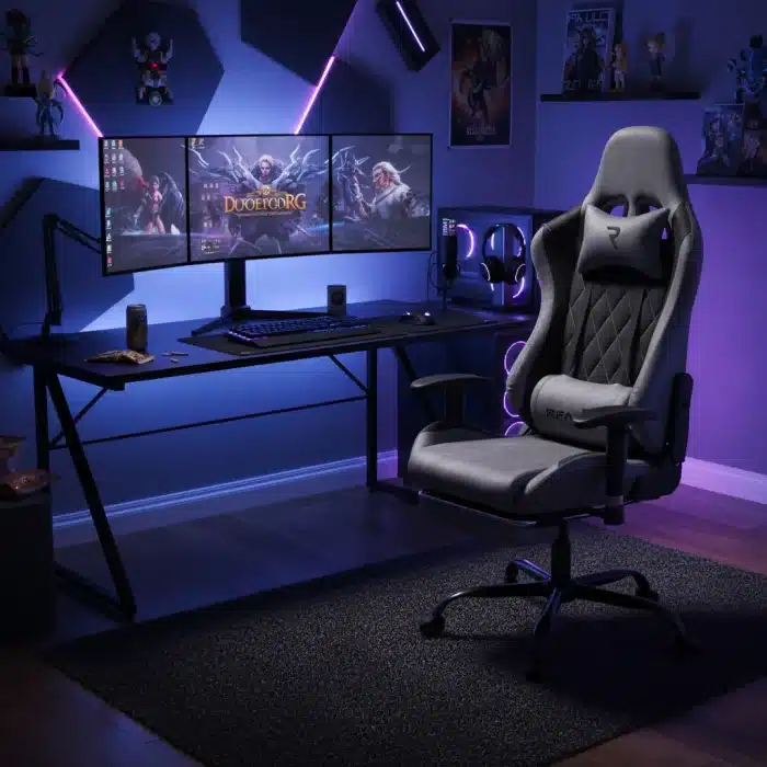 Scaun de Gaming Reglabil Professional WF-613 Grey din Piele Întoarsă cu Suport Picioare, Gri - imagine 2