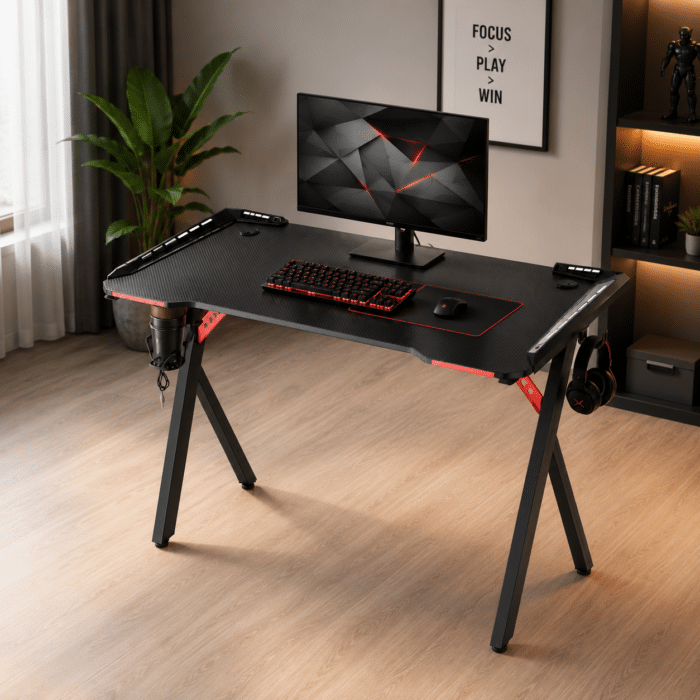 Birou Gaming 504, Negru, 120x60x73 cm, Blat MDF cu Fibră de Carbon - imagine 2