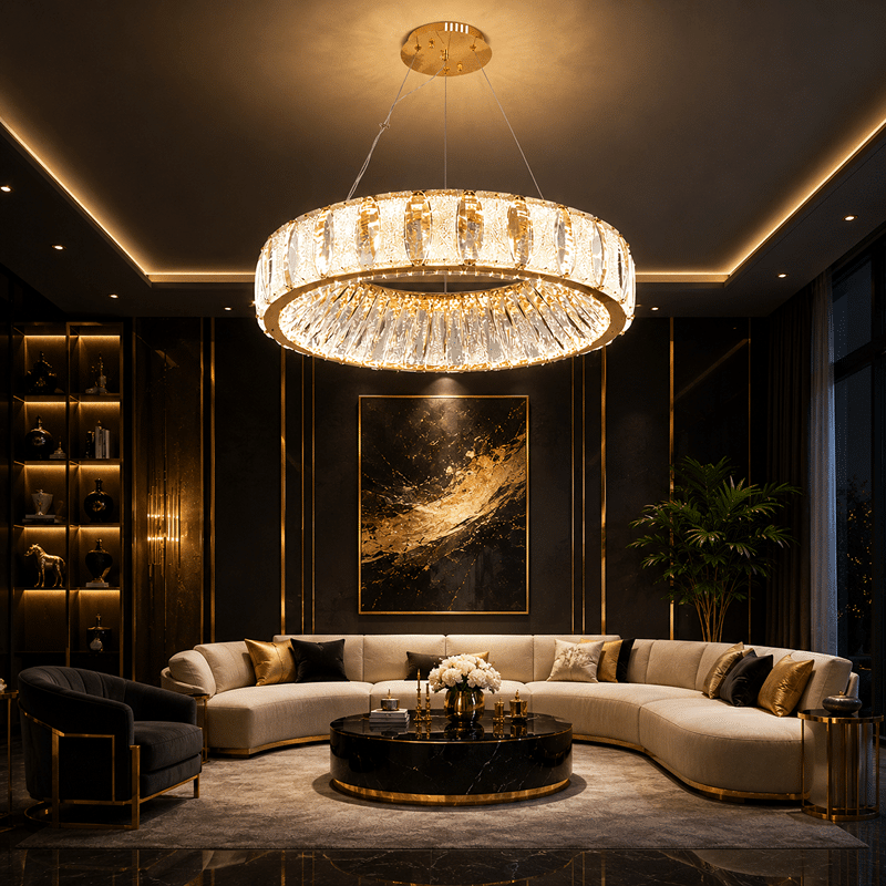 Candelabru LED Auriu cu Cristale, 98W, Înălțime Reglabilă, Telecomandă, Dimabil, 3 Tipuri de Lumină Candelabru LED Auriu cu Cristale, 98W, Înălțime Reglabilă, Telecomandă, Dimabil, 3 Tipuri de Lumină - imagine 1