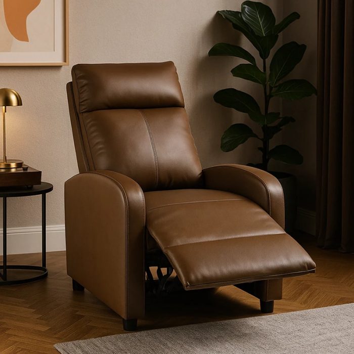 Fotoliu Recliner din Piele Ecologica Spatar Rabatabil si Suport Picioare Extensibil Maro - Kaki (1)