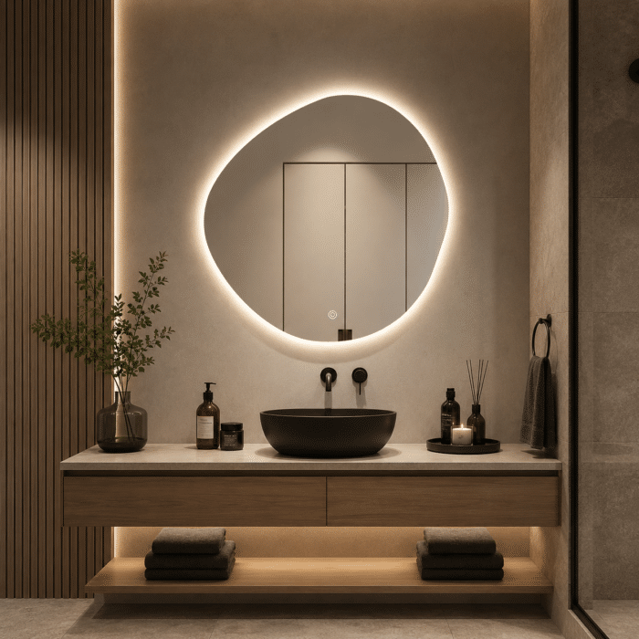 Oglindă LED Asimetrică Premium 80×80 cm, Lumină Spate, 3 Tipuri de Lumină - Calda, Rece, Neutra - imagine 6