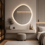 Oglindă LED Asimetrică Premium 80×80 cm, Lumină Spate, 3 Tipuri de Lumină - Calda, Rece, Neutra