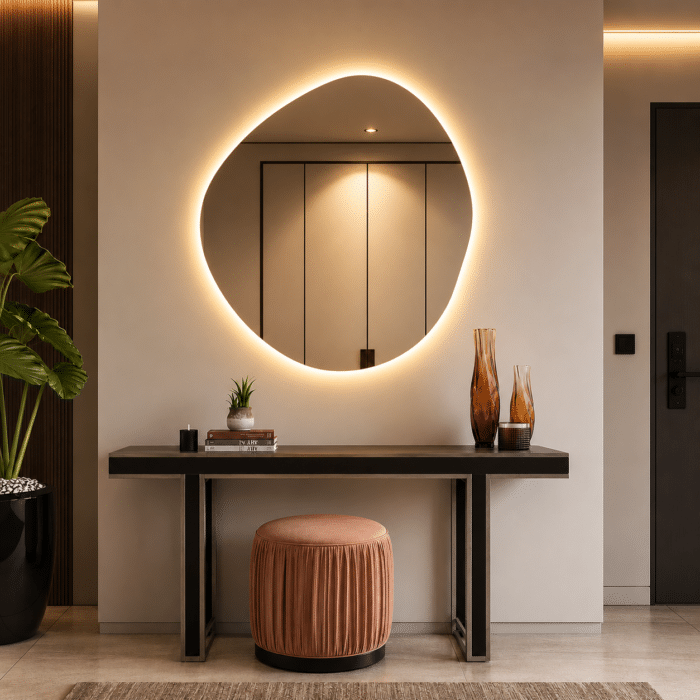 Oglindă LED Asimetrică Premium 80×80 cm, Lumină Spate, 3 Tipuri de Lumină - Calda, Rece, Neutra - imagine 5