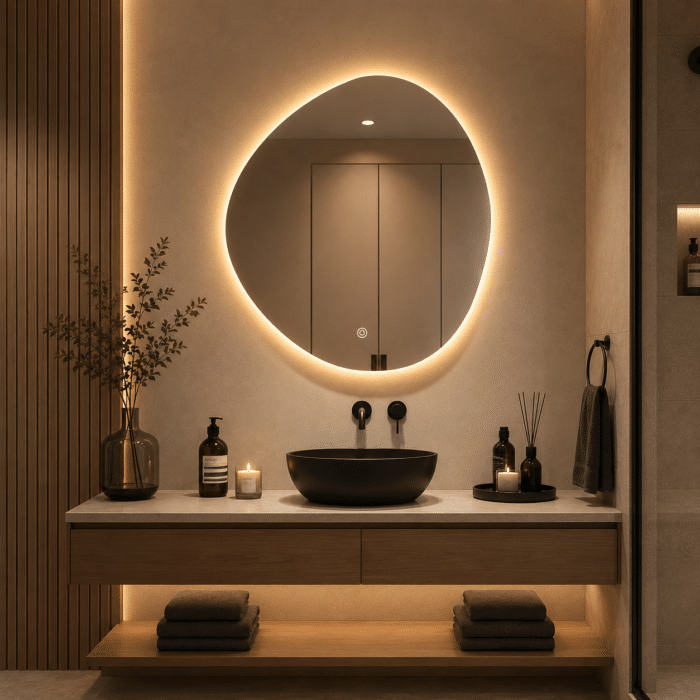 Oglindă LED Asimetrică Premium 80×80 cm, Lumină Spate, 3 Tipuri de Lumină - Calda, Rece, Neutra - imagine 4
