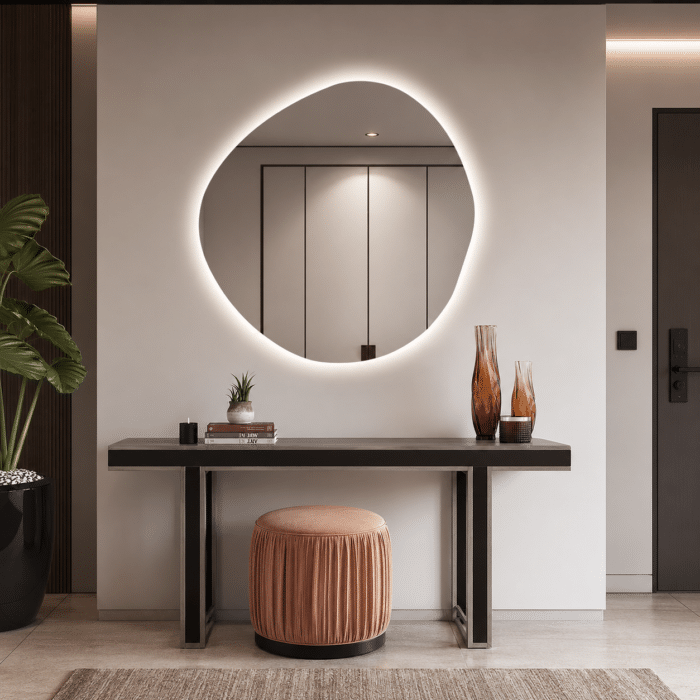 Oglindă LED Asimetrică Premium 80×80 cm, Lumină Spate, 3 Tipuri de Lumină - Calda, Rece, Neutra - imagine 3