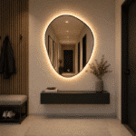 Oglindă LED Asimetrică Premium cu Ramă Neagră 90×70 cm, Lumină Spate, 3 Tipuri de Lumină - Calda, Rece, Neutra