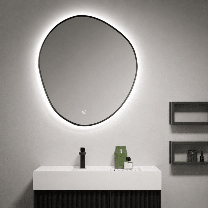 Oglindă LED Asimetrică Premium cu Ramă Neagră 90×70 cm, Lumină Spate, 3 Tipuri de Lumină - Calda, Rece, Neutra - imagine 6