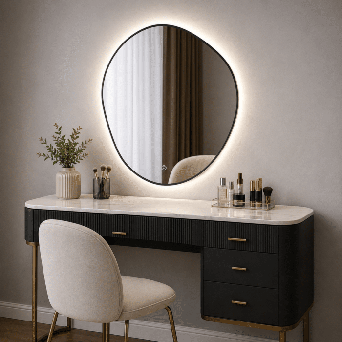 Oglindă LED Asimetrică Premium cu Ramă Neagră 90×70 cm, Lumină Spate, 3 Tipuri de Lumină - Calda, Rece, Neutra - imagine 5