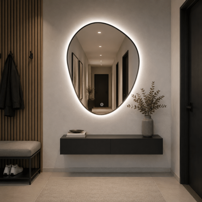Oglindă LED Asimetrică Premium cu Ramă Neagră 90×70 cm, Lumină Spate, 3 Tipuri de Lumină - Calda, Rece, Neutra - imagine 3