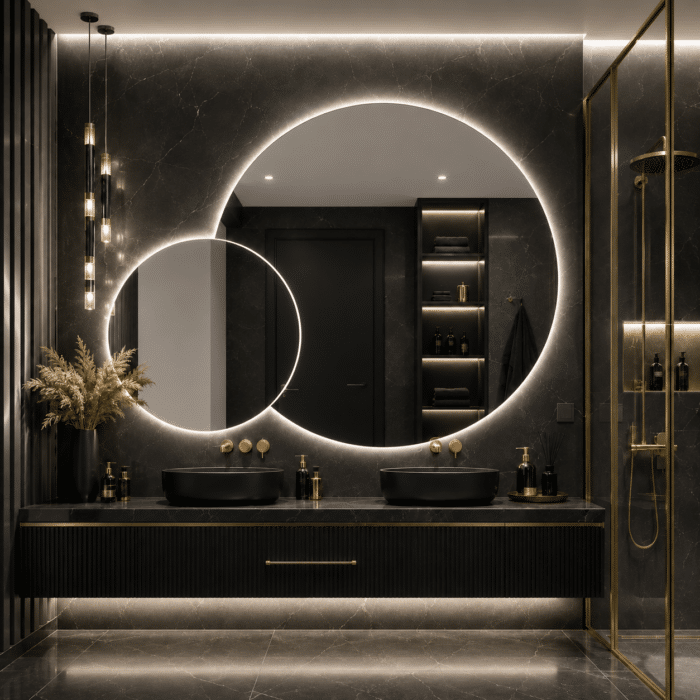 Oglindă LED Premium 2 Cercuri Suprapuse, 80x65x50 cm, Dimabilă, 3 Tipuri de Lumină, Touch, Copper-Free - imagine 5