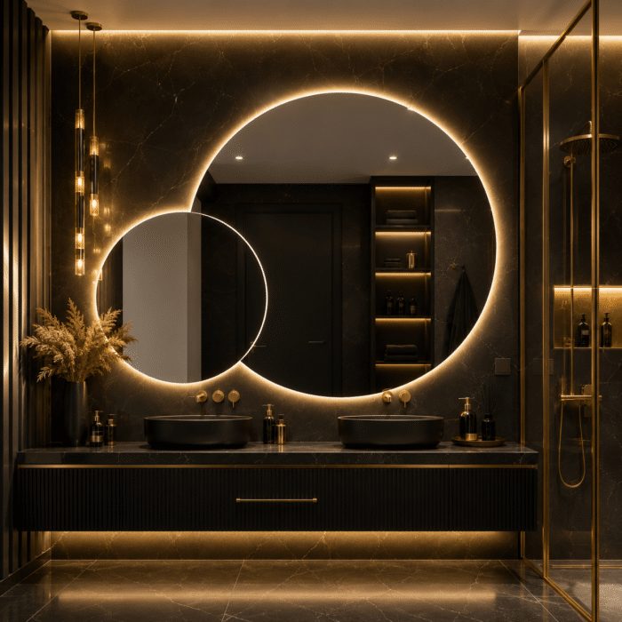 Oglindă LED Premium 2 Cercuri Suprapuse, 80x65x50 cm, Dimabilă, 3 Tipuri de Lumină, Touch, Copper-Free - imagine 9