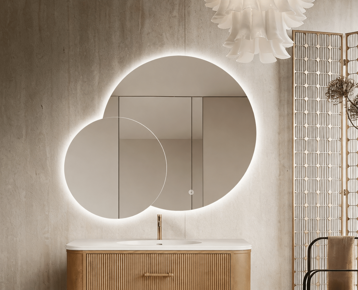 Oglindă LED Premium 2 Cercuri Suprapuse, 120x80x60 cm, Dimabilă, 3 Tipuri de Lumină, Touch, Copper-Free (7) Oglindă LED Premium 2 Cercuri Suprapuse, 80x65x50 cm, Dimabilă, 3 Tipuri de Lumină, Touch, Copper-Free - imagine 1