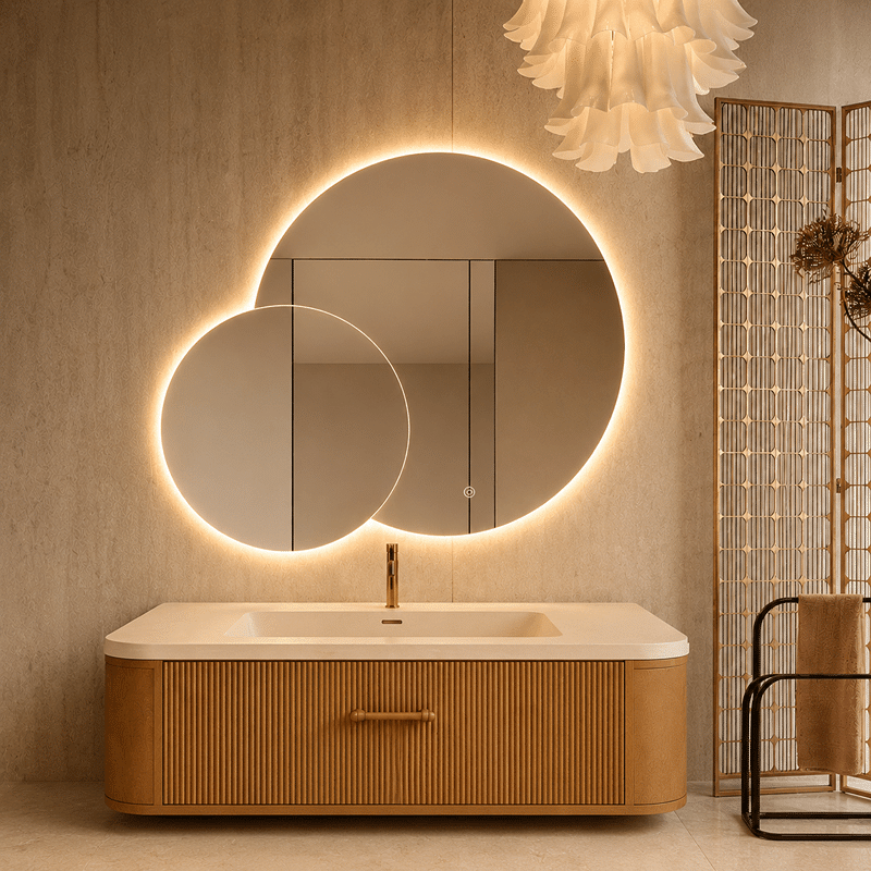 Oglindă LED Premium 2 Cercuri Suprapuse, 120x80x60 cm, Dimabilă, 3 Tipuri de Lumină, Touch, Copper-Free Oglindă LED Premium 2 Cercuri Suprapuse, 120x80x60 cm, Dimabilă, 3 Tipuri de Lumină, Touch, Copper-Free - imagine 1
