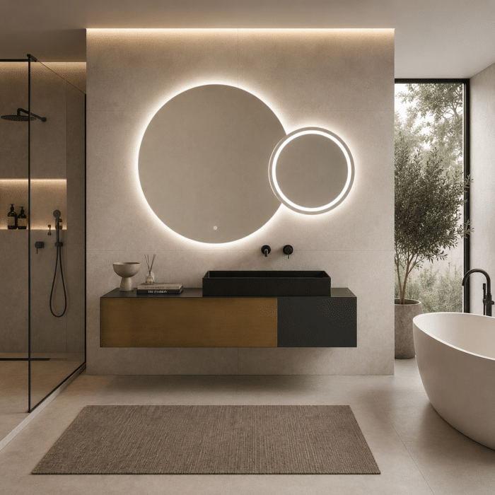 Oglindă LED Premium 2 Cercuri Suprapuse, Lumina Fata - Spate, 120x80x60 cm, Dimabilă, 3 Tipuri de Lumină, Touch, Copper-Free - imagine 3