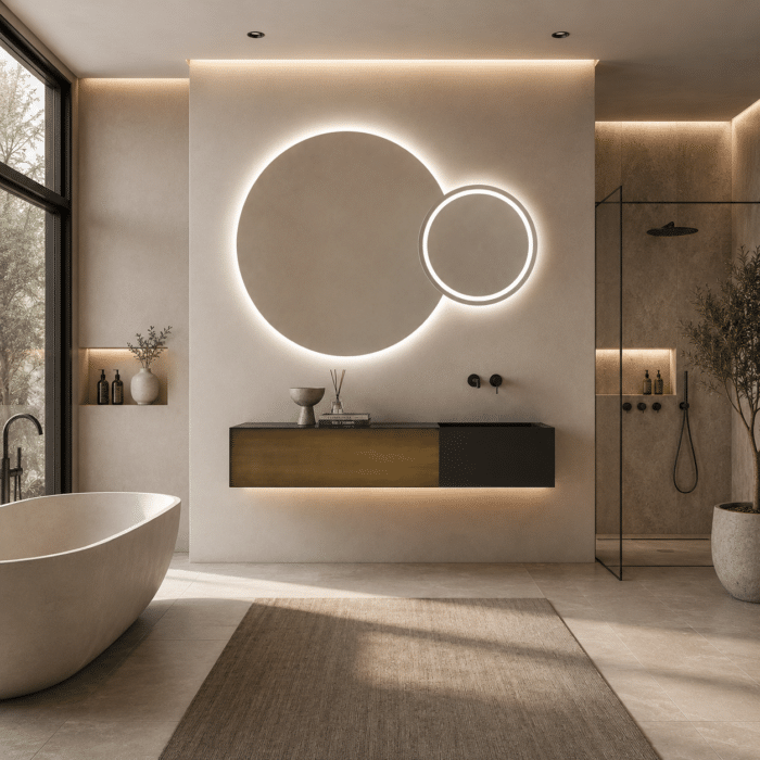 Oglindă LED Premium 2 Cercuri Suprapuse, Lumina Fata - Spate, 120x80x60 cm, Dimabilă, 3 Tipuri de Lumină, Touch, Copper-Free - imagine 6