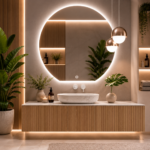 Oglindă LED Premium Semirotundă, Bază Dreaptă, 80x75 cm, Touch, Dimabilă, 3 Tipuri de Lumină, Copper-Free - imagine 3