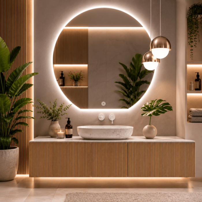 Oglindă LED Premium Semirotundă, Bază Dreaptă, 80x75 cm, Touch, Dimabilă, 3 Tipuri de Lumină, Copper-Free - imagine 3