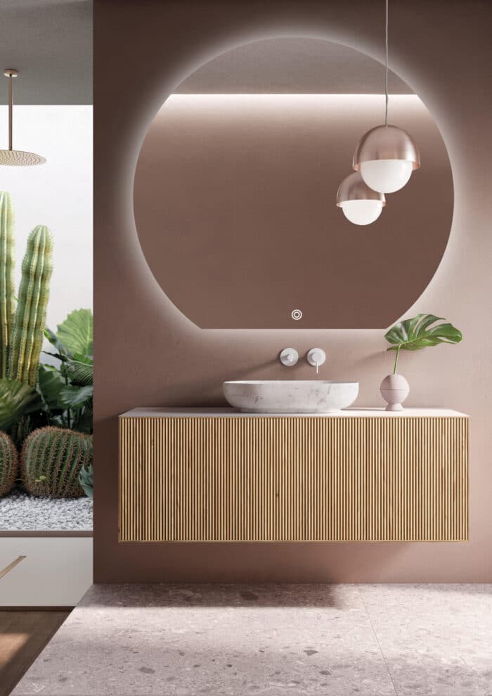 Oglindă LED Premium Semirotundă, Bază Dreaptă, 80x75 cm, Touch, Dimabilă, 3 Tipuri de Lumină, Copper-Free - imagine 5