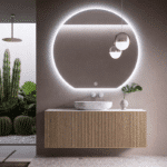 Oglindă LED Premium Semirotundă, Bază Dreaptă, 80x75 cm, Touch, Dimabilă, 3 Tipuri de Lumină, Copper-Free