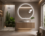 Oglindă LED Premium Semirotundă, Bază Dreaptă, 80x75 cm, Touch, Dimabilă, 3 Tipuri de Lumină, Copper-Free - imagine 7